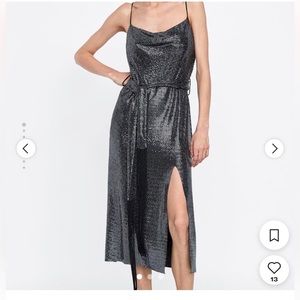 Zara sparkly silver cowl neck midi dress with thigh split and fringe detail belt